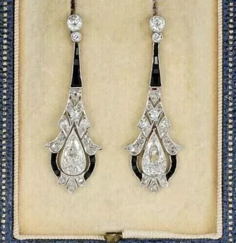 Art Deco Pear Lab Diamond Onyx Drop Earrings in 14K White Gold FN