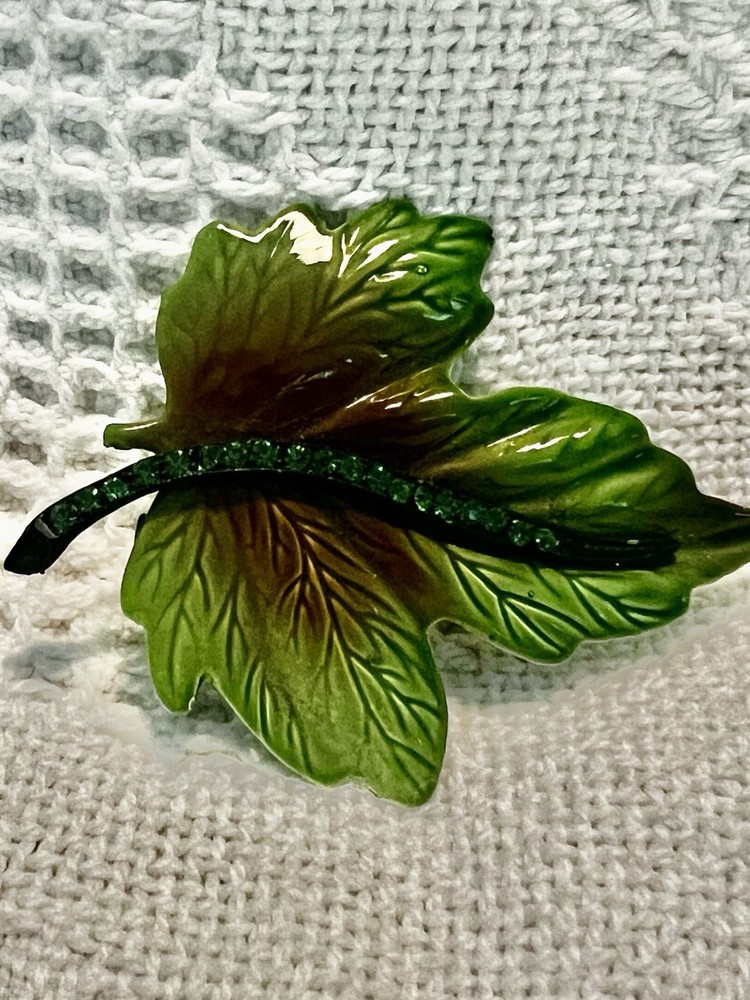Vintage Enamel Rhinestone Leaf Brooch