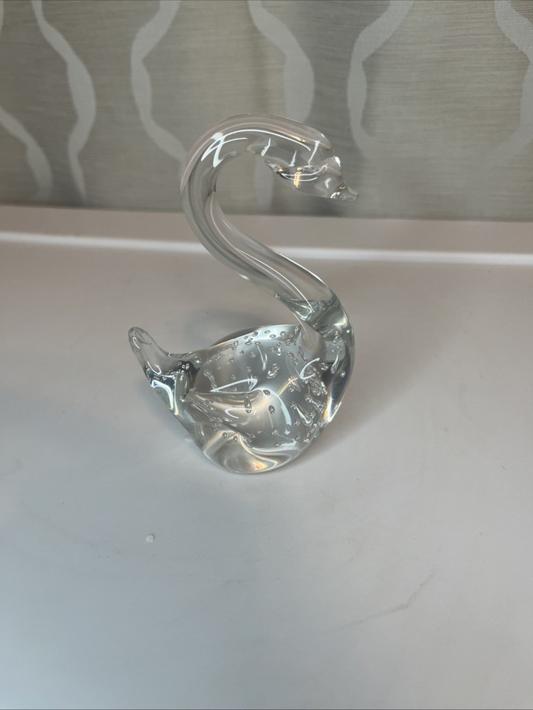 Vintage Art Glass Swan Figurine Clear Hand Blown Controlled Bubbles Bullicante