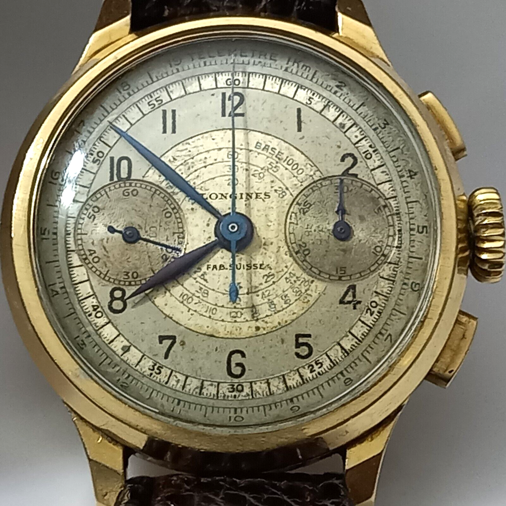 EXTREM RARE 1936 18K LONGINES 13ZN FLYBACK CHRONOGRAPH REAL SANDWICH DIAL 34 MM