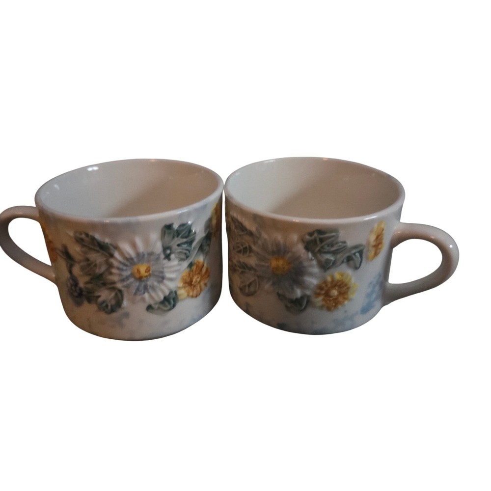 Tabletops Unlimited Daisy Patch Coffee Mug Set of 2 Embossed Floral Ceramic Cups