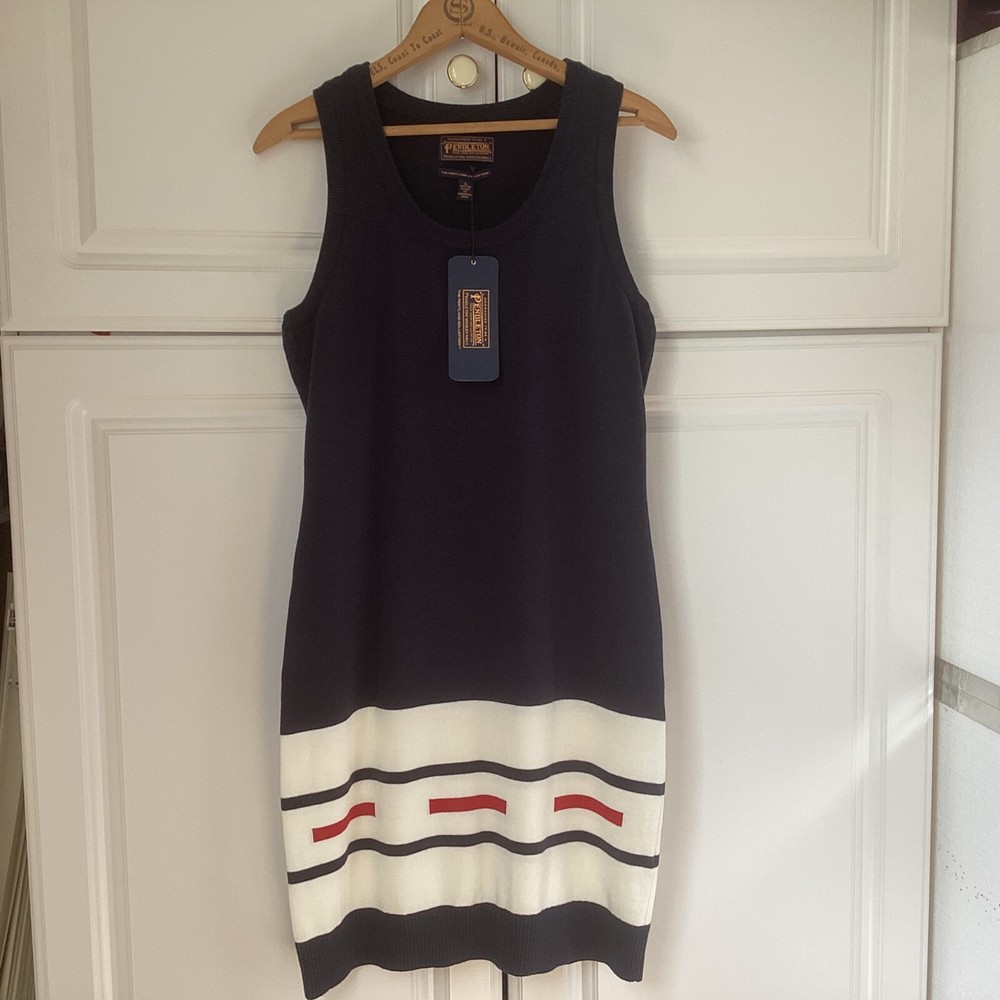 Pendleton Sweater Dress Portland Collection Navy Blue White & Red Stripes Large