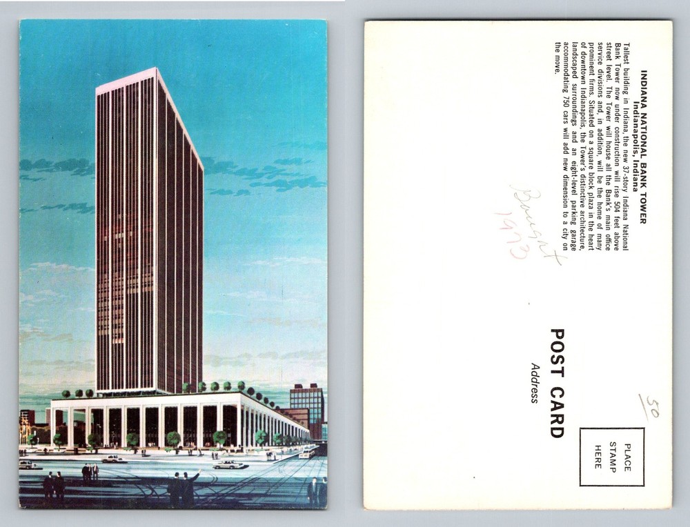 Indianapolis, IN-Indiana Indiana National Bank Tower Plaza View Vintage Postcard