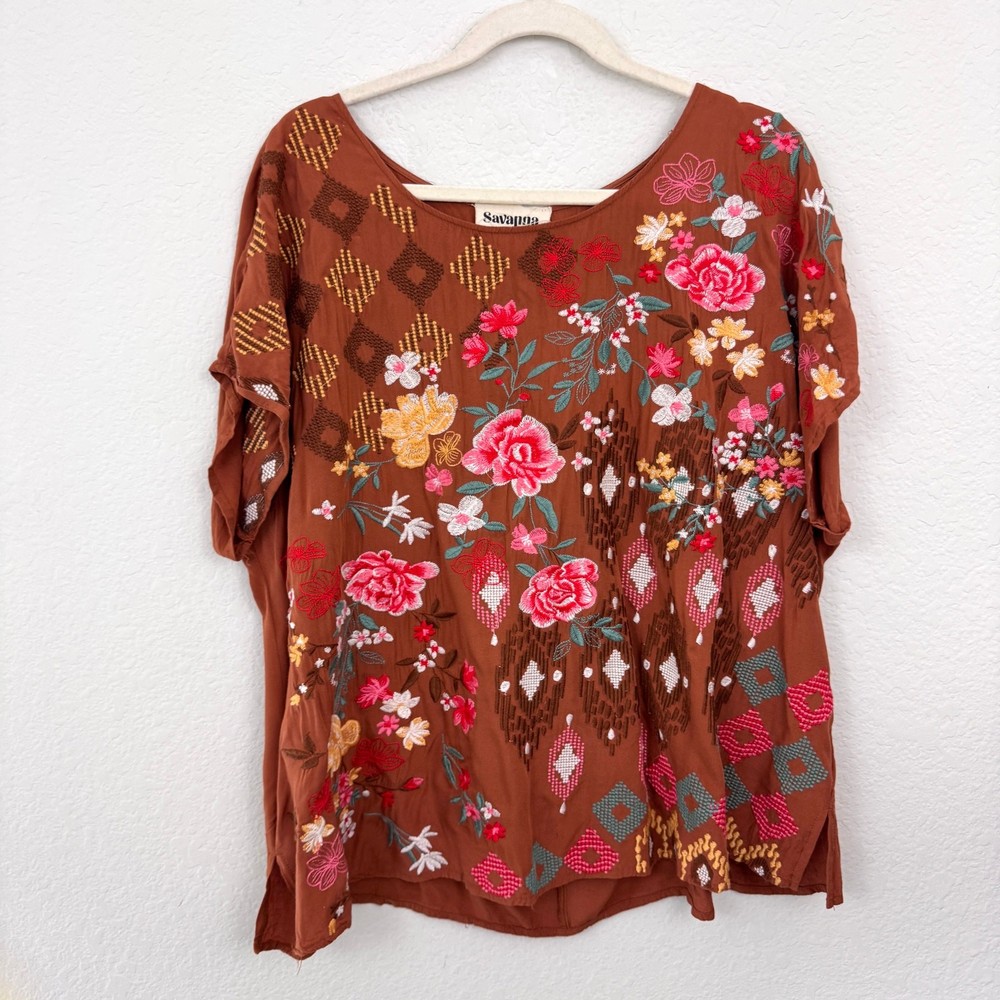 Savanna Jane Women Short Sleeve Blouse Top Size 1X Embroidered Floral Boho Brown