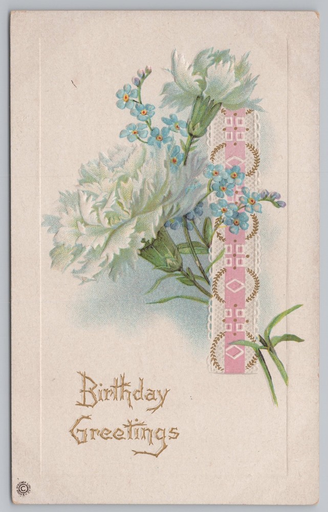 Stecher~528 B~Birthday Greetings~Blue Bonnets~White Carnations~PM 1919 Postcard
