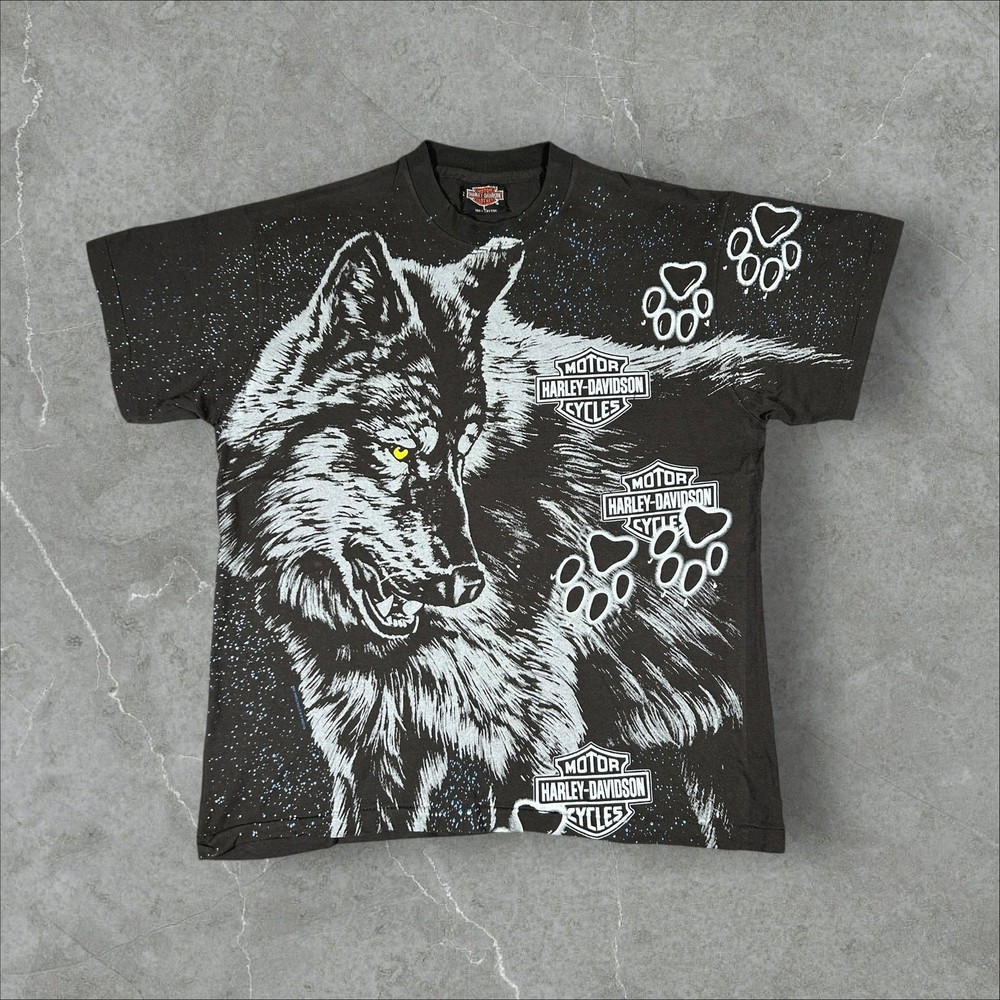 Vintage 1994 Harley Davidson Wolf AOP Size Large Single Stitch Reprint T-Shirt