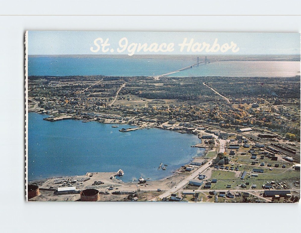 Postcard Aerial View  St Ignace Harbor&  Mackinac Bridge St Ignace Michigan