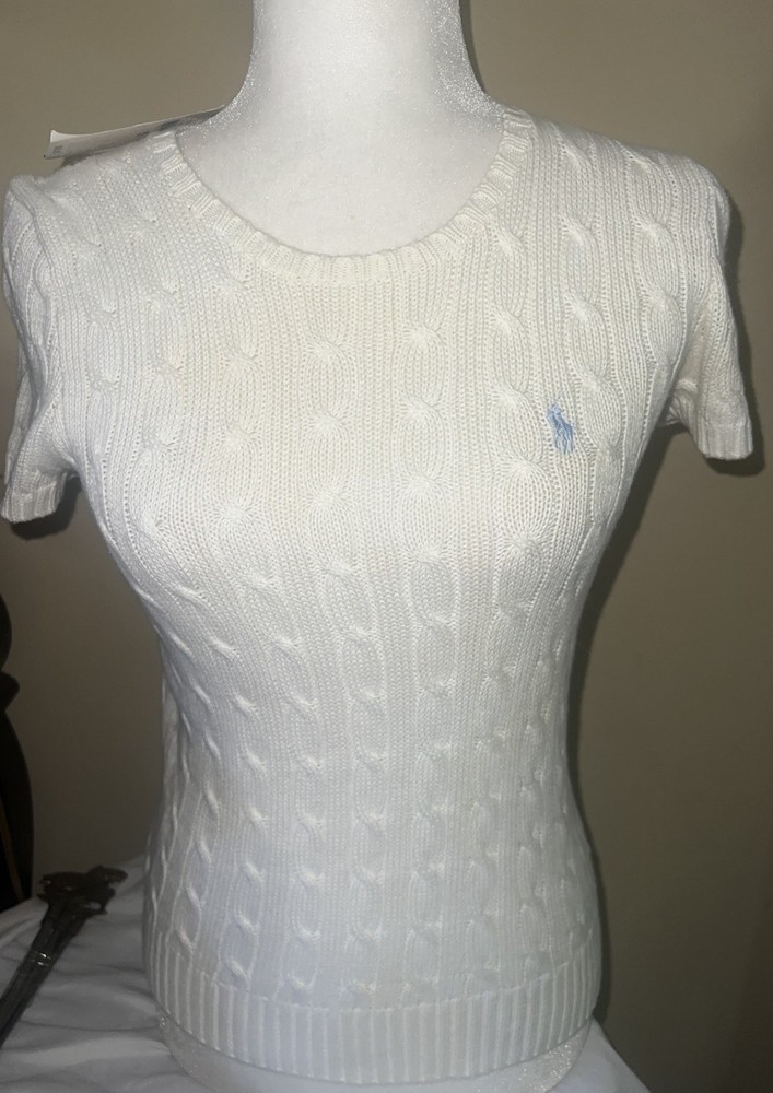 VTG White Ralph Lauren Sport Women Cable-Knit Short-Sleeve Sweater Y2K Small NWT