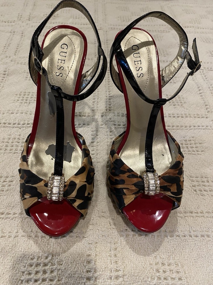 Guess Open-Toed Strappy Cheetah Print High Heels Rhinestones Women 7 1/2 M