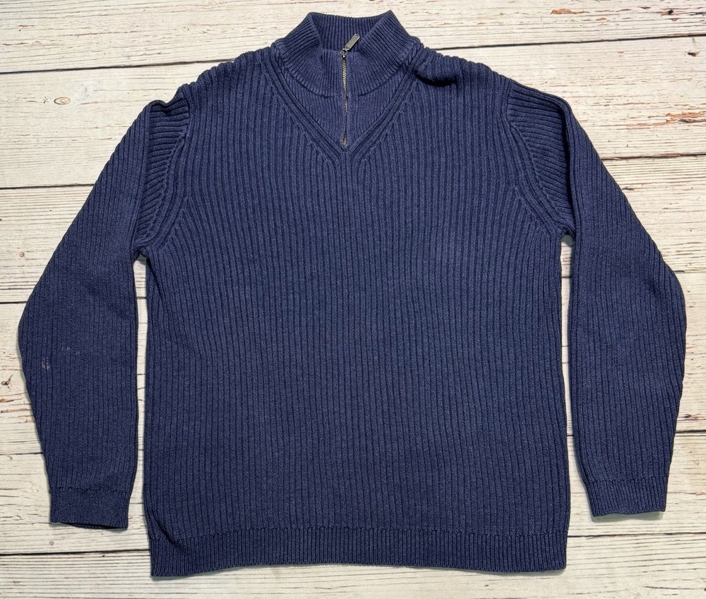 Eddie Bauer Sweater Blue Cotton Pullover 1/4 Zip Knit Men’s Sz XL Tall