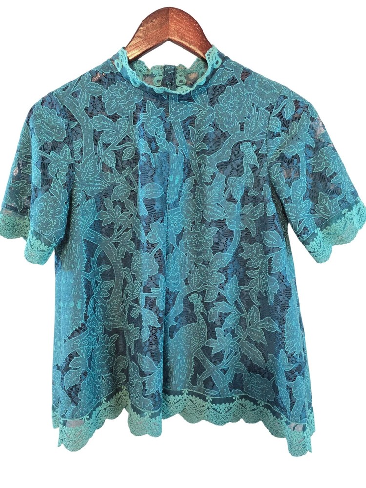 HD In Paris Teal Peacock lace Meadow Short Sleeve Top Scalloped Hem Size 0