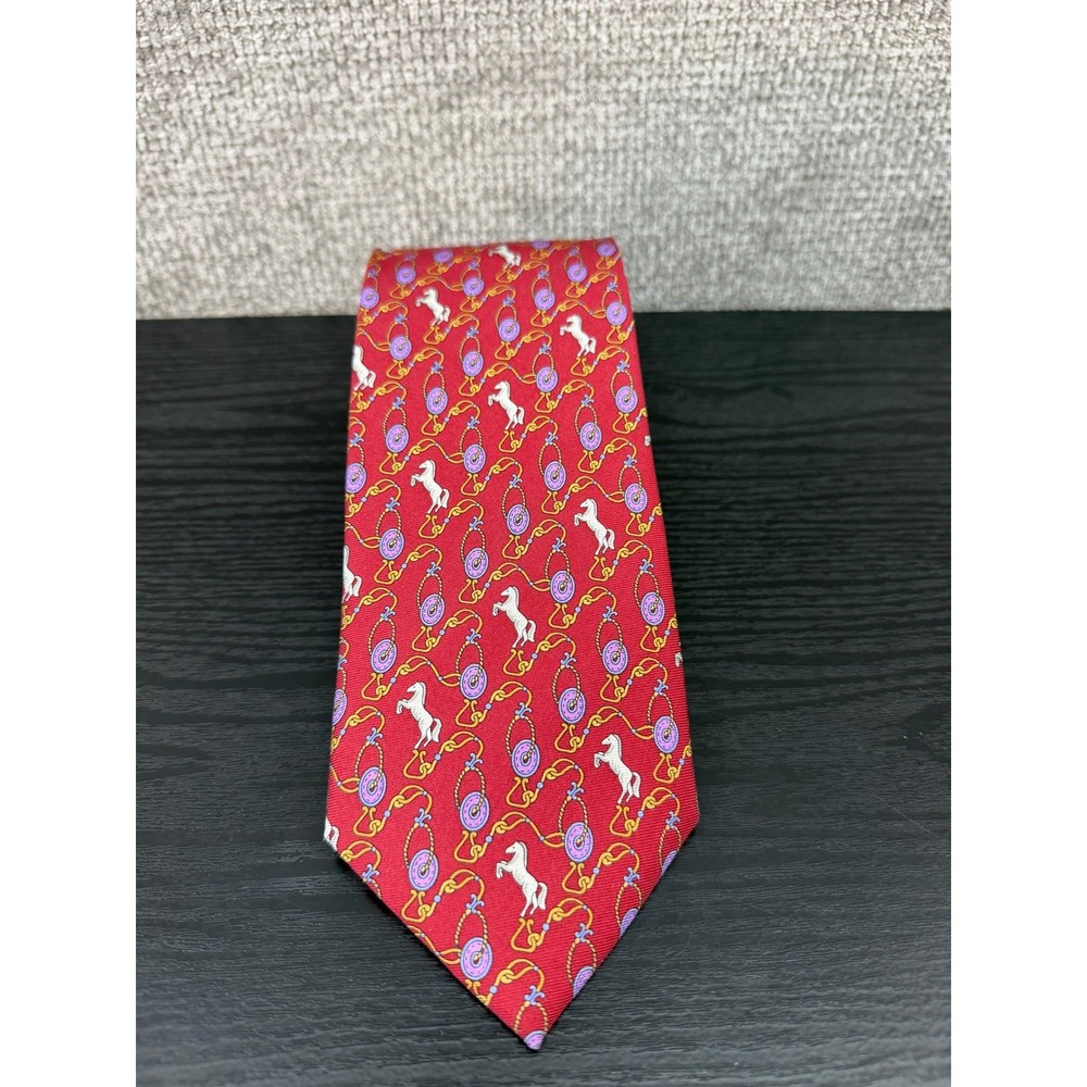 Trevisan Venezia Mens Red Silk Equestrian Horse Print Tie Made in Italy