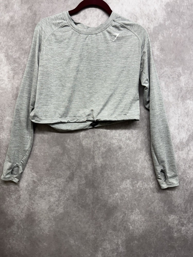 Gymshark Cropped Shirt Women’s Small Long Sleeve Activewear Drawstring Top Gray