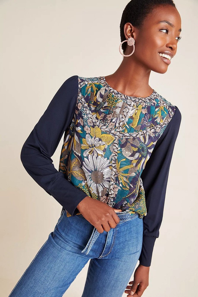 Tiny Anthropologie Wesley Floral Long Sleeve Mixed Media Top medium Navy boho