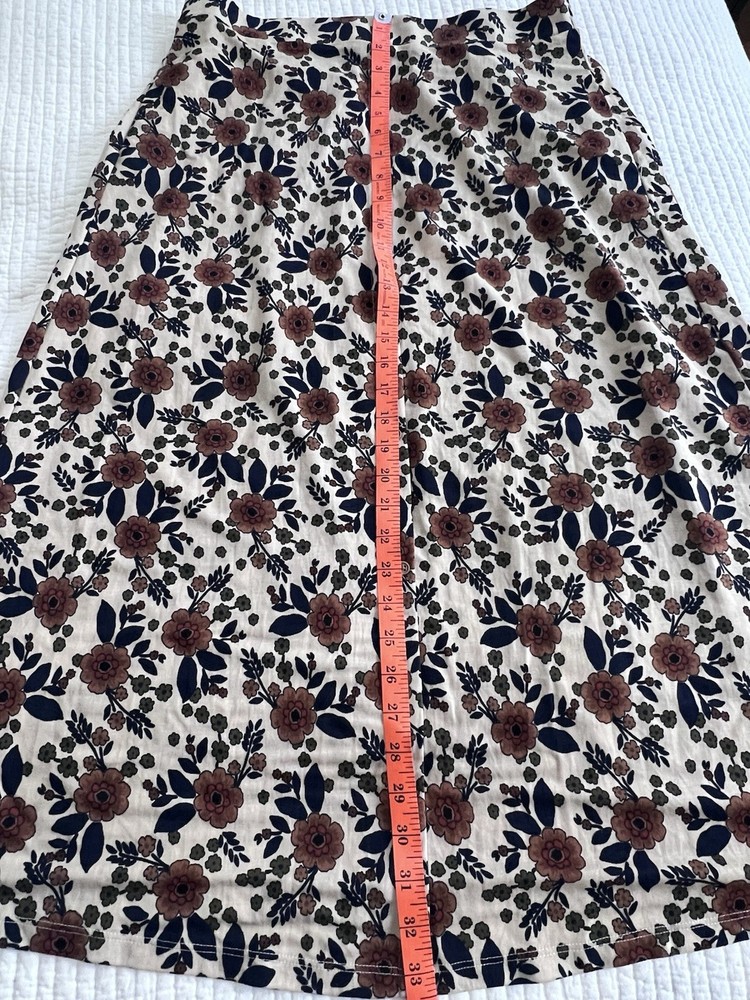 Bobeau Floral Midi Skirt Beige Blue Green Brown L Women's Button Front Elastic