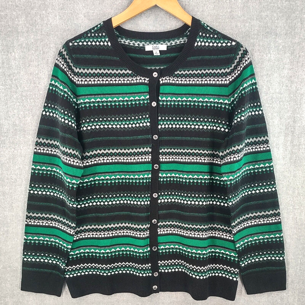 Croft & Barrow Sweater Womens Medium Green Fair Isle Knit Cardigan Button Up