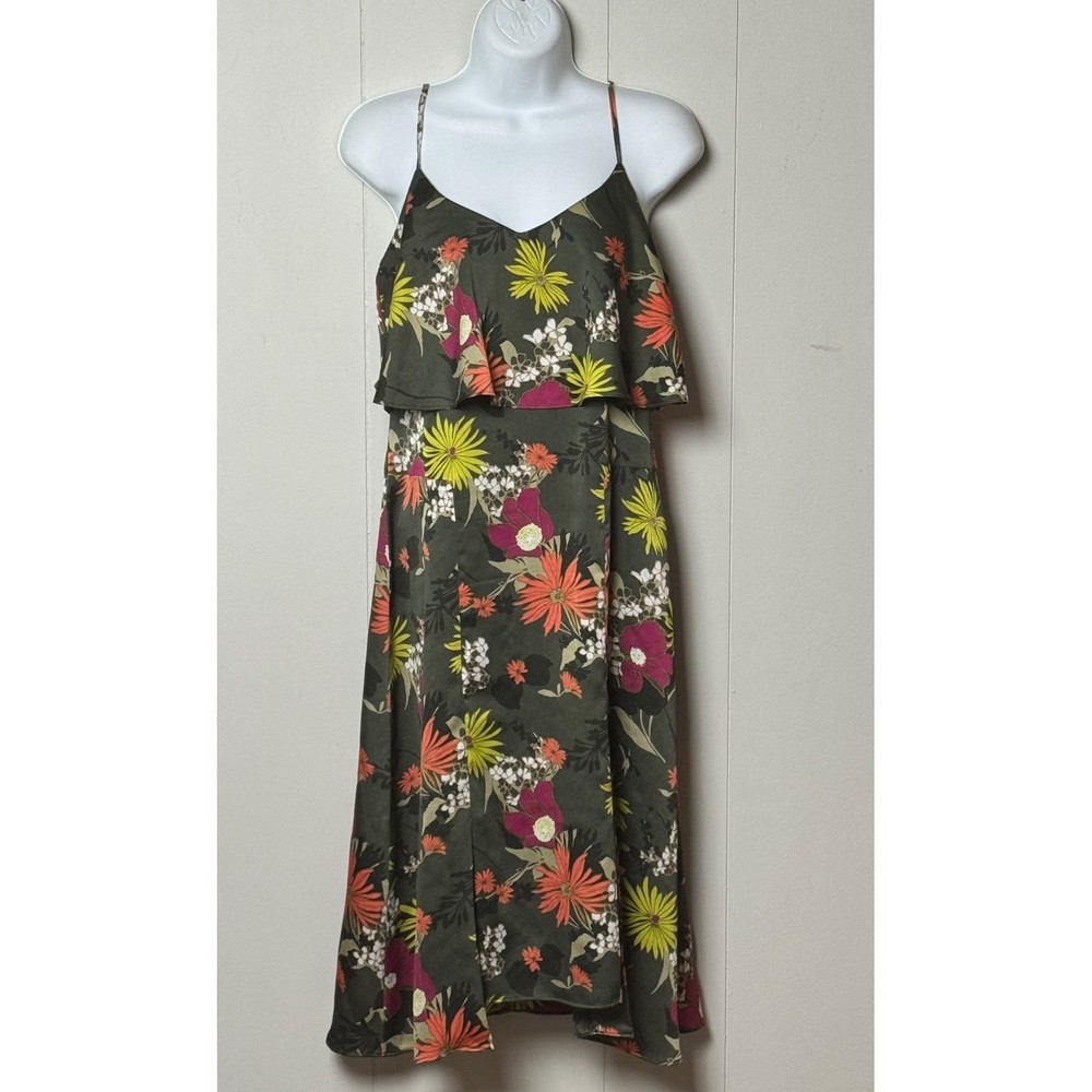 Banana Republic Women's Floral Midi Dress Olive Green Flounce Neckline Slit Sz 4