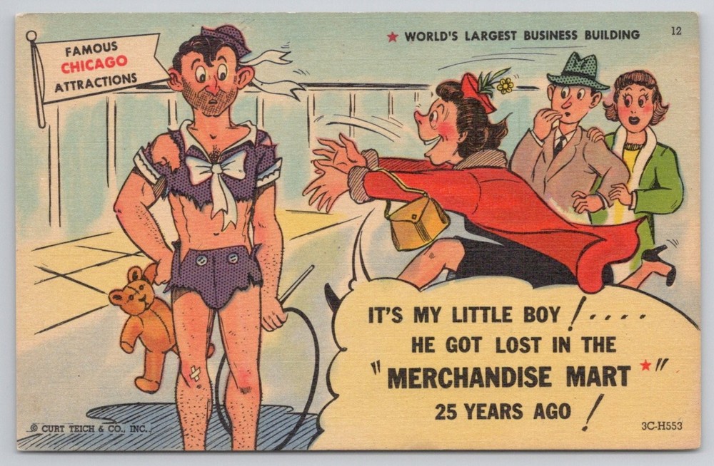 Humorous Chicago Merchandise Mart Cartoon Postcard Curteich 1953