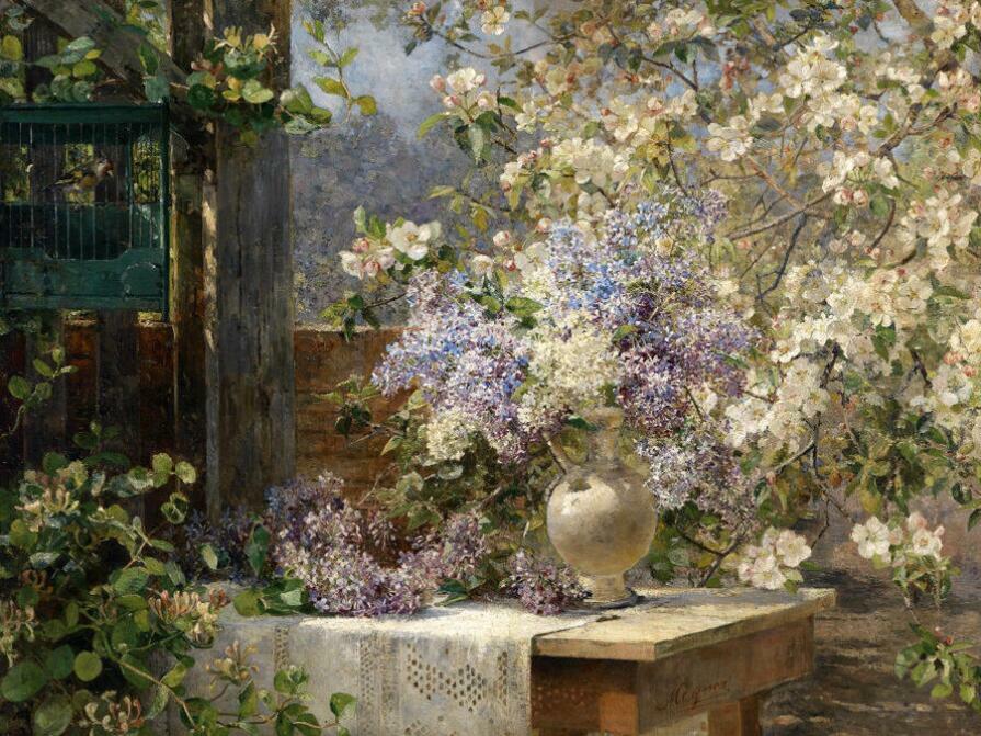 High Quality Art Oil Painting In the flower arbor spring landscape art