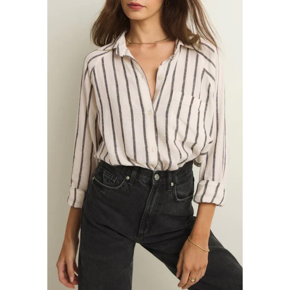 Z Supply Perfect Striped Linen Button Down Shirt Top Small Coastal Quiet Luxury