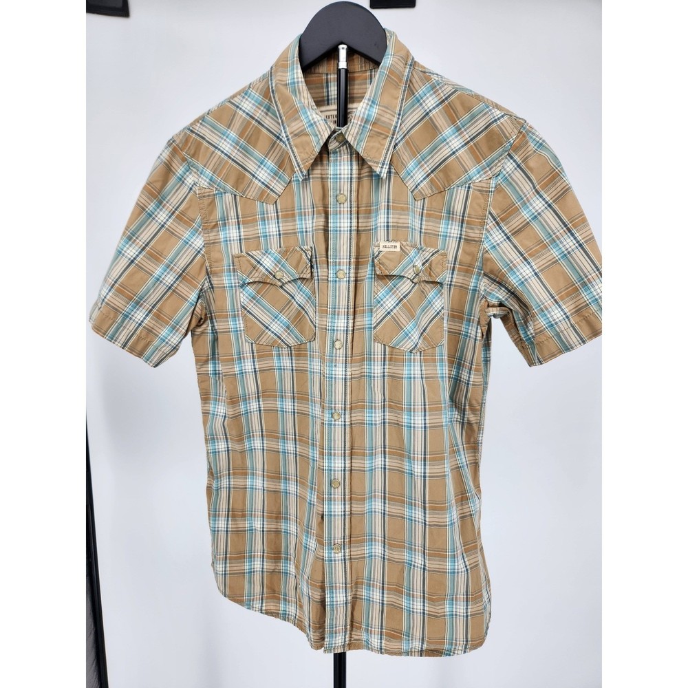 Hollister Mens Western Plaid Short Sleeve Pearl Snap Shirt Tan Blue Size M