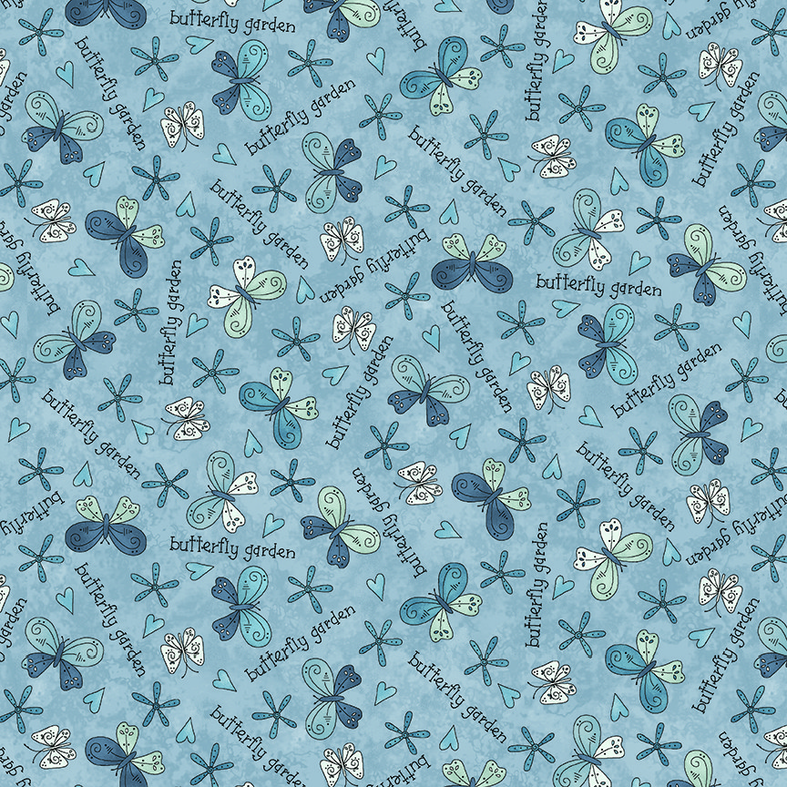 Floral Fabric | Butterflies Bloom Garden Word Toss Blue | Henry Glass YARD