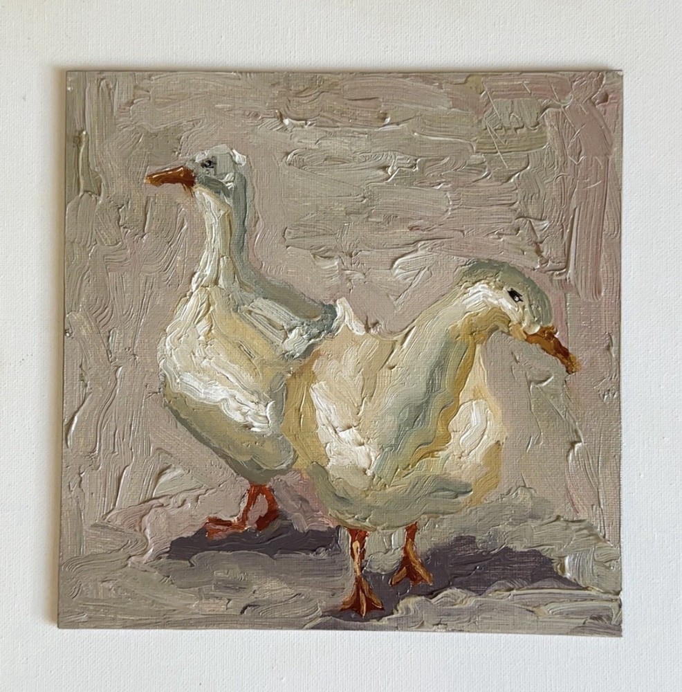 White Goose Original Impressionist Oil Painting Three White Ducks Animal Art