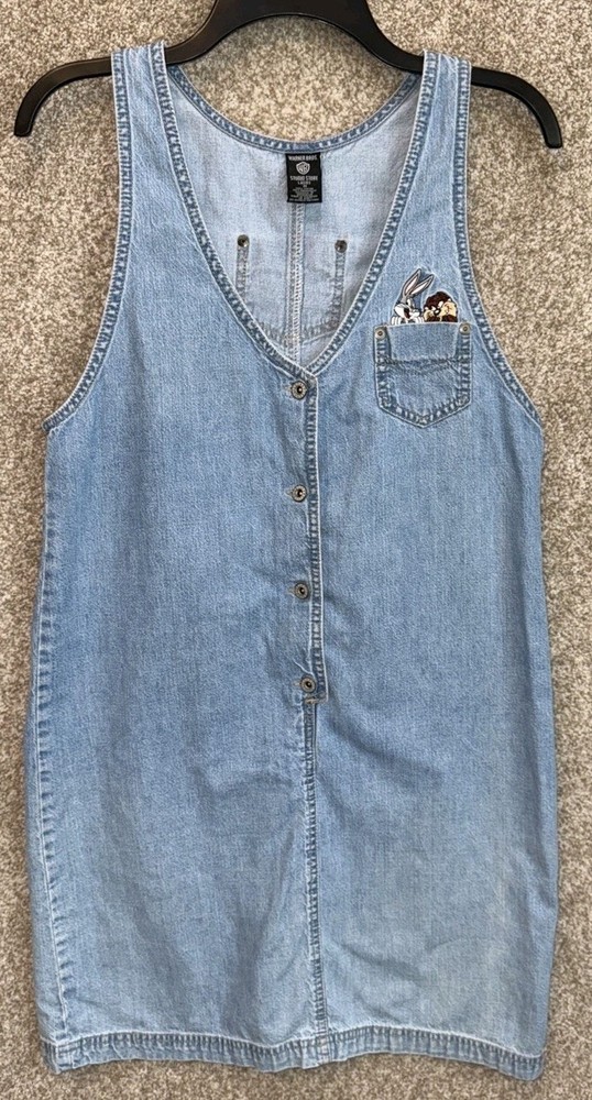 Vintage 90s Warner Bros Womens Medium Blue Denim Bugs Taz Tweety Tank Dress