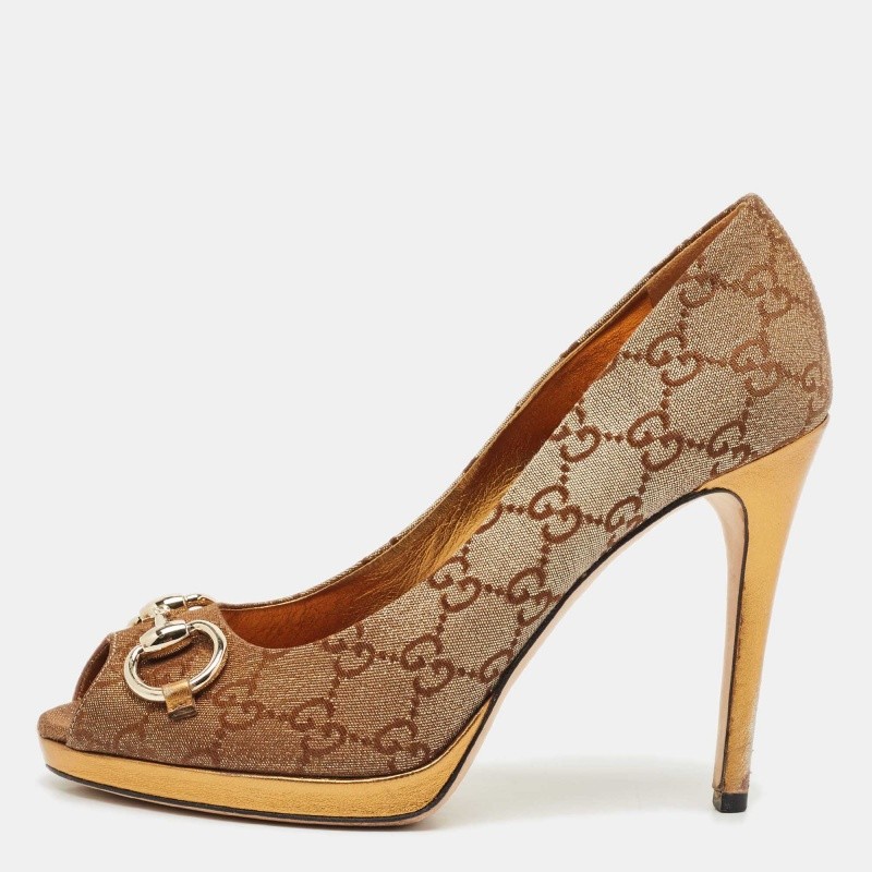 Gucci Bronze GG Fabric Horsebit Peep Toe Platform Pumps Size 37.5 EU