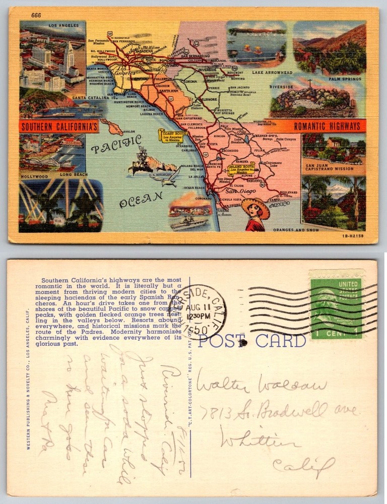 Vintage 1950 Southern California Romantic Highways Map Linen Postcard