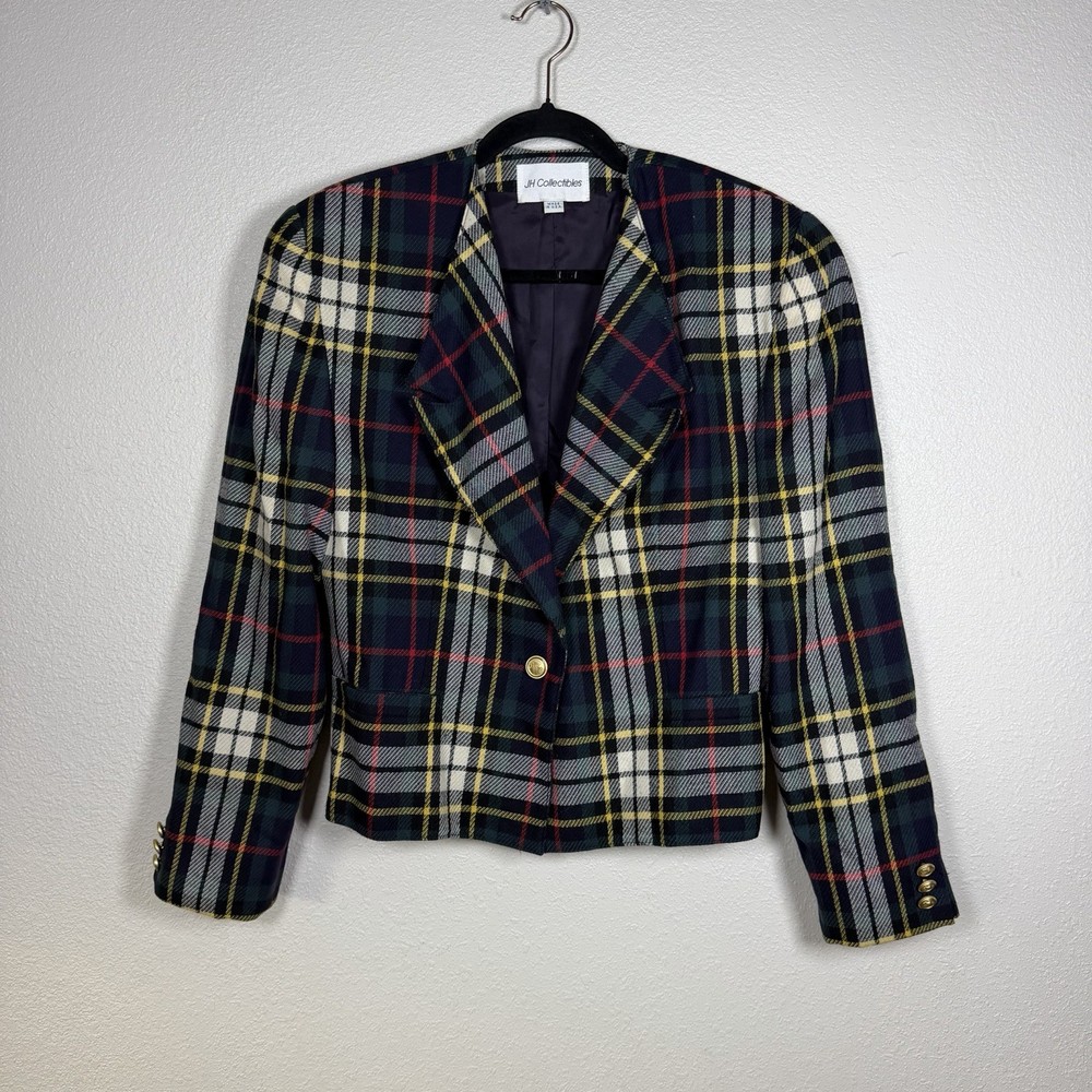Vintage 100% Wool Tartan Plaid Blazer Cropped Single Button Academia Business 10