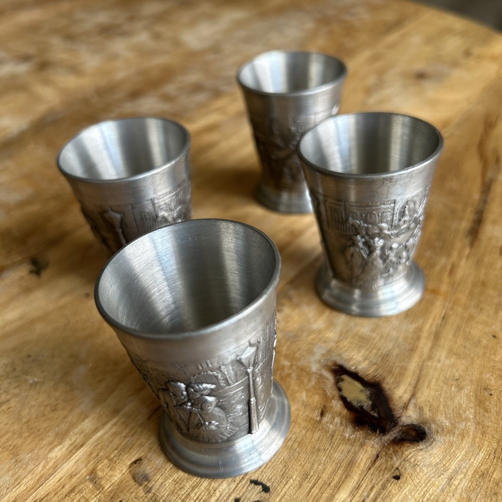 Pewter German Zinn Becker Shot Cup Courtship Lady Gentleman Set  Of 4