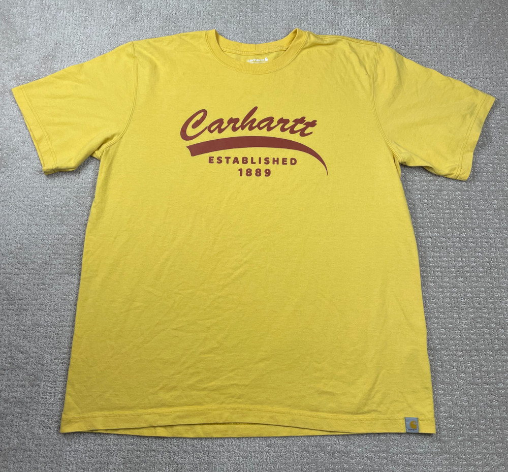Carhartt T Shirt Mens XL Relaxed Fit Yellow Spellout 1889 Graphic Tee Crewneck