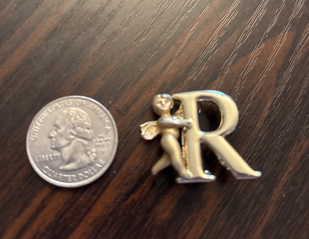 Vtg L. Razza gold tone Lapel Scarf Pin letter R Monogrammed angel cherub brooch