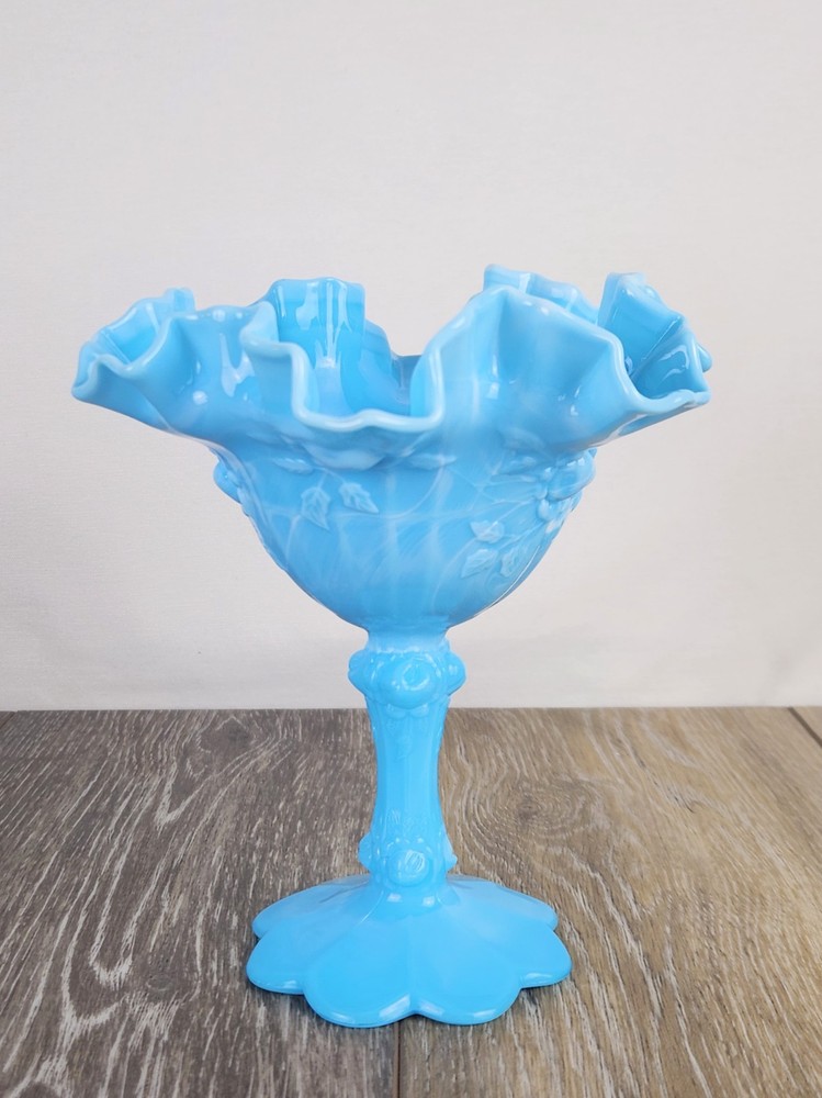 Fenton Blue Marble Slag Glass Cabbage Rose Compote Pedestal  Dish