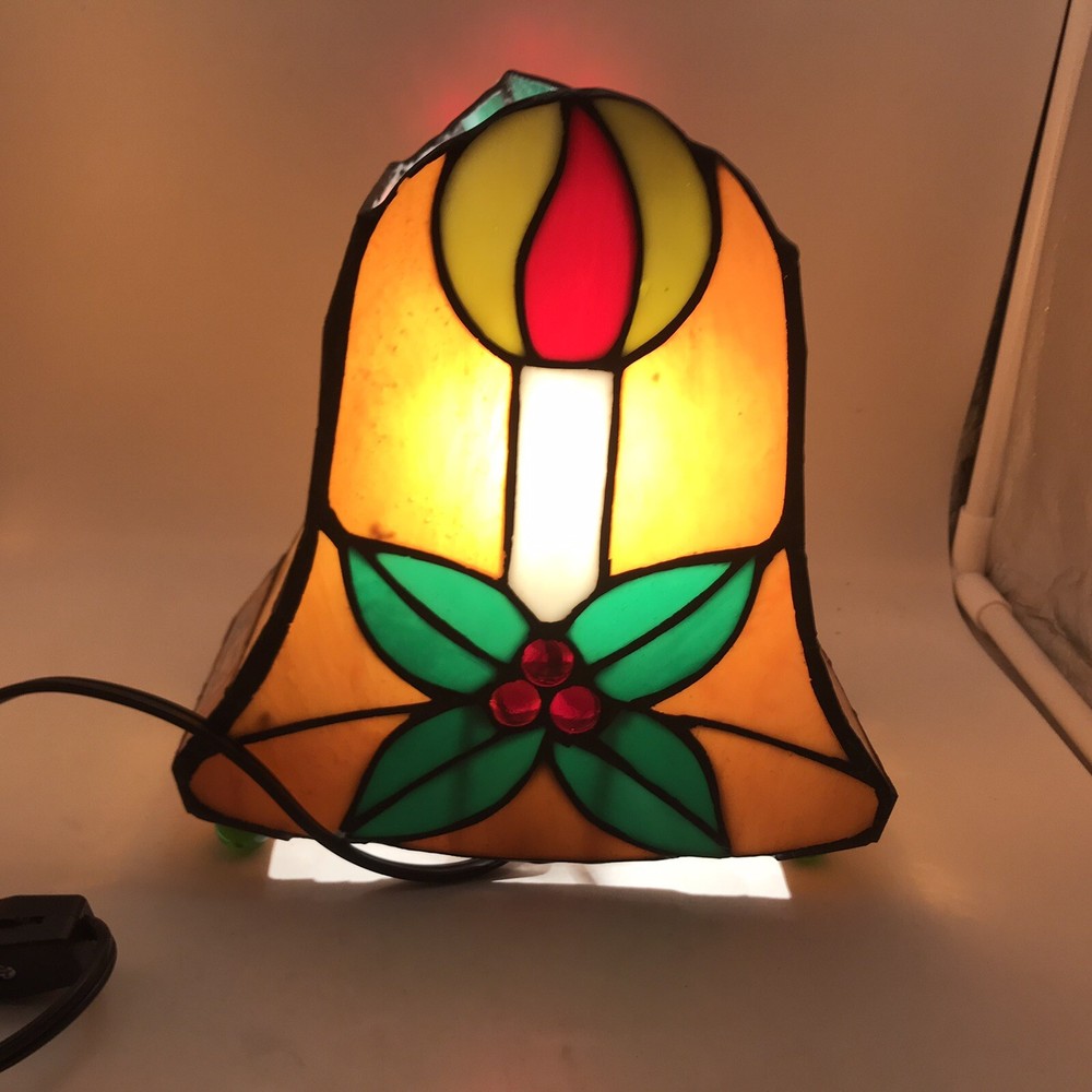 Tiffany Style Stained Glass Accent Lamp Christmas Décor Light VIntage Bell W Box-image