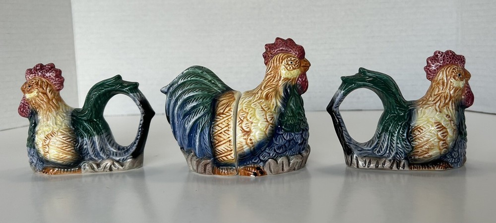 Rooster Chicken Hen Ceramic Salt & Pepper Shakers w 2 Napkin Holders Farmhouse
