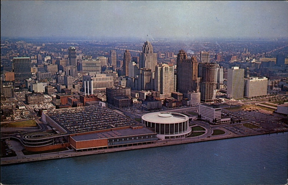 Detroit Michigan Civic Center Skyline aerial view ~ 1950s-60s vintage postcard