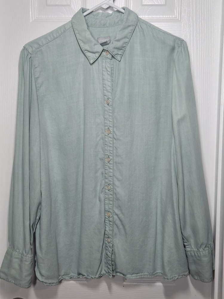 Chicos Button Front Shirt Womens Size 3 US XL Tencel Lyocell Long Sleeve Green