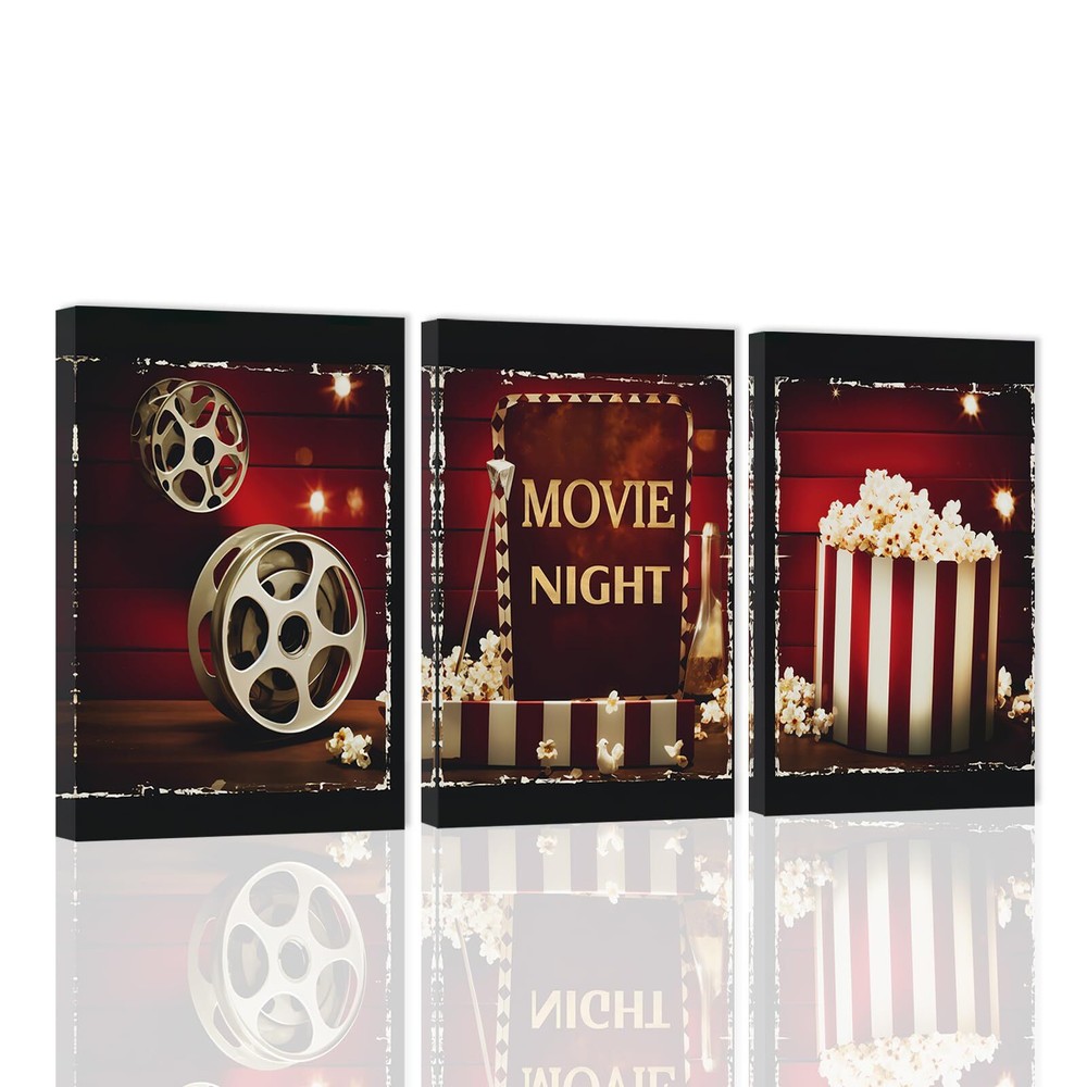 Movie Wall Art 3 Piece Movie Sign Canvas Print Black and Red Movie Popcorn Pa...