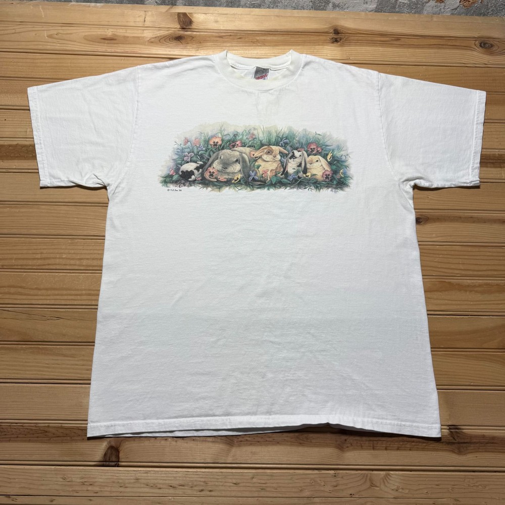 Vintage 1996 Bunny Rabbits Flowers Garden Nature Easter Graphic T-Shirt - XL