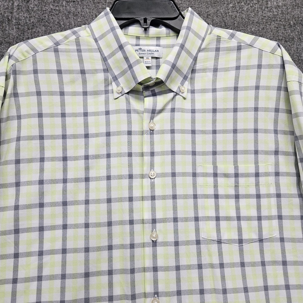 Peter Millar Summer Comfort Shirt Mens XL Yellow Grey Plaid Button Long Sleeve