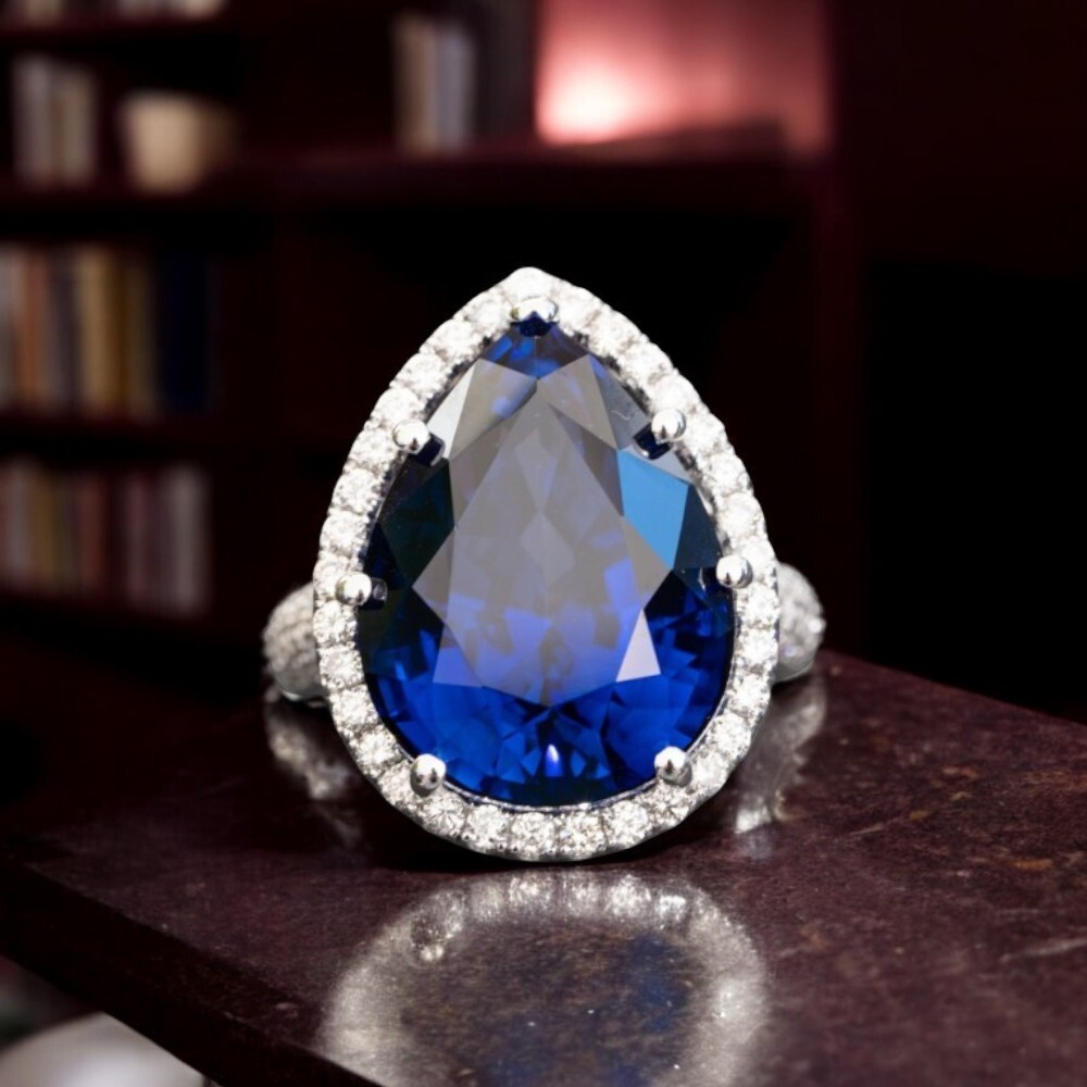 26.10ct Blue Sapphire Pear Cut 14k Gold Natural Diamond Ring...