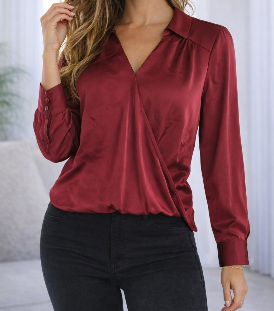 Rachel Roy Womens Burgundy Long Sleeve Wrap Blouse V Neck Polyester Top