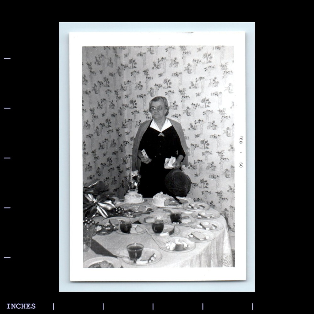 Old Vintage Photo OLDER WOMAN DINNER TABLE CAKE 1960 WALLPAPER