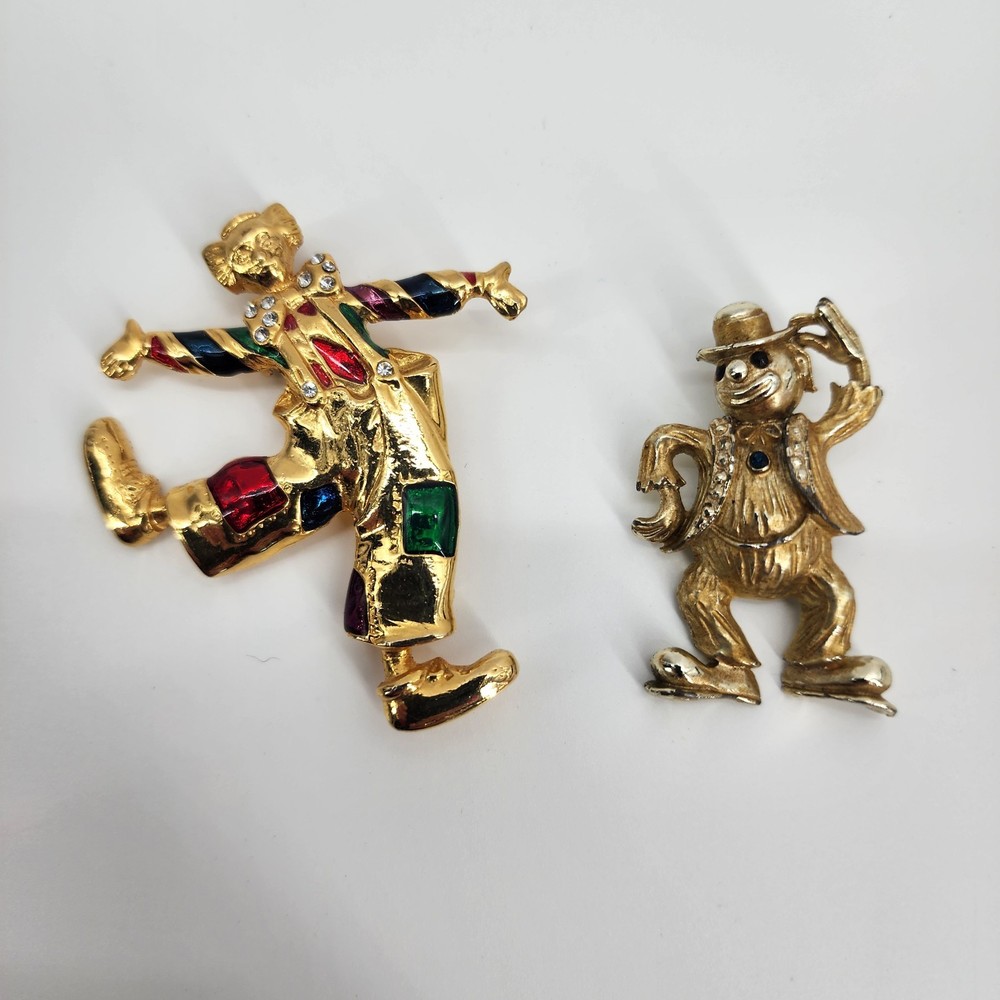 Vintage Lot Of 2 Brooches Pins Clowns Enamel Rhinestones