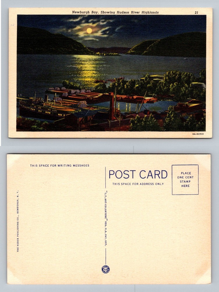 Newburgh, NY-New York, Hudson River Highlands Moonlight Boats Vintage Postcard