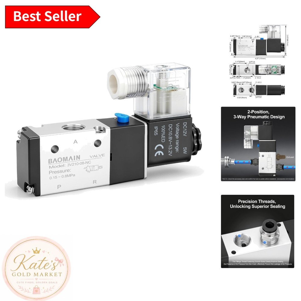 3V210-08 Solenoid Valve - 12V DC, 2-Position 3-Way, Compact Aluminum Design