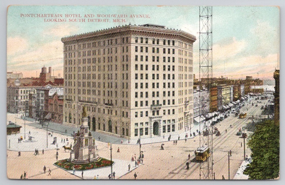 Pontchartrain Hotel Detroit MI 1912 Postcard Woodward Ave Street Scene