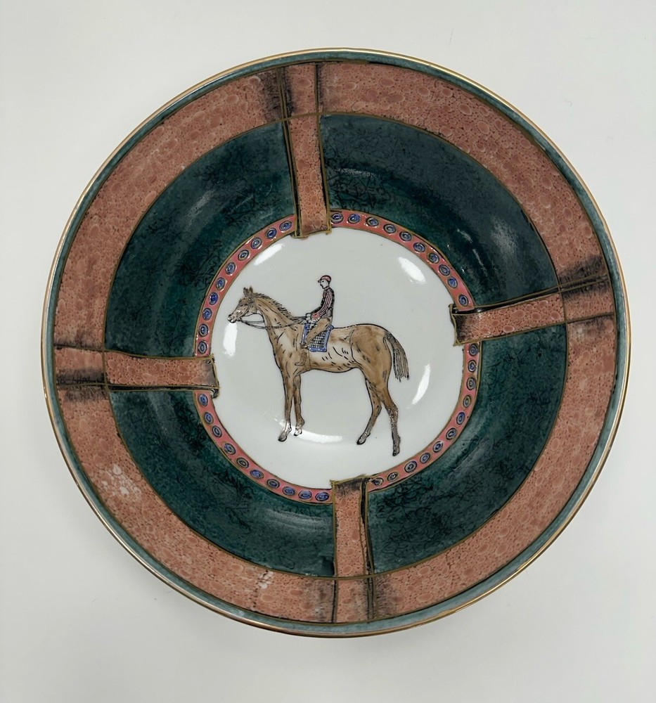 VTG Ceramic 1950s Decorative Bowl With Equestrian Theme Polo Player Horse 8”